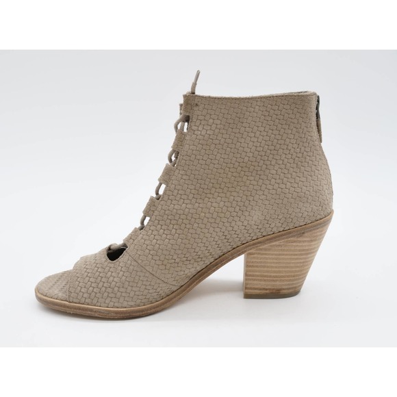 Eileen Fisher Booties Womens 8.5 Beige Suede Lace Up Peep Toe Cuban Ankle Boot - Picture 5 of 11